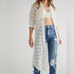 Free People White Crochet Long Tunic Duster